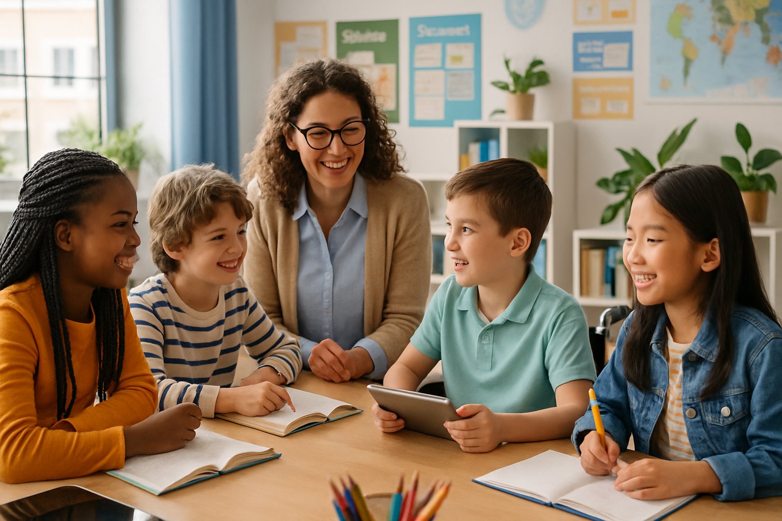 Eine Gruppe vielfältiger Schulkinder und eine Lehrerin arbeiten gemeinsam an einem Tisch in einem hellen Klassenzimmer.
